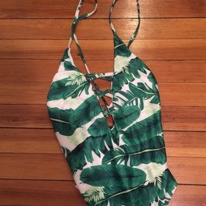 Plunging One Piece tropical palm print swimsuit